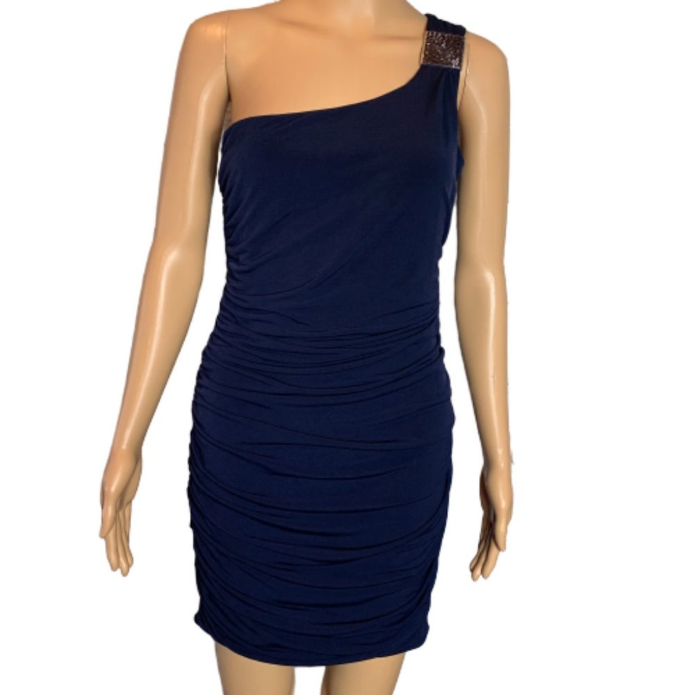 Sweet Storm Dark Blue One Shoulder Bunch Dress